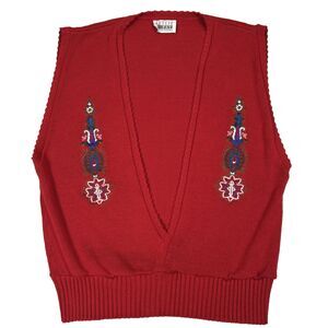Leslie Fay Collections Holiday Sweater Vest Red Embroidered Vintage USA Size 14
